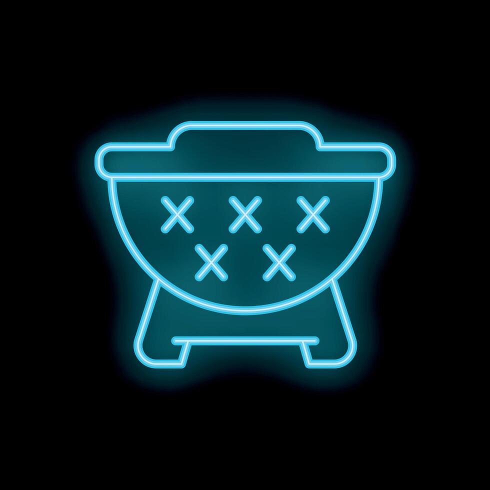 Bright neon icon of a barbecue grill glowing blue against a dark background vector