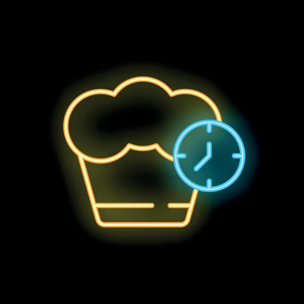 Neon icon of chef hat with clock showing cooking time vector