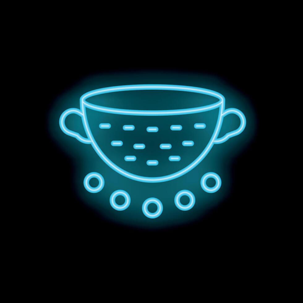 Neon blue colander draining water icon on black background vector