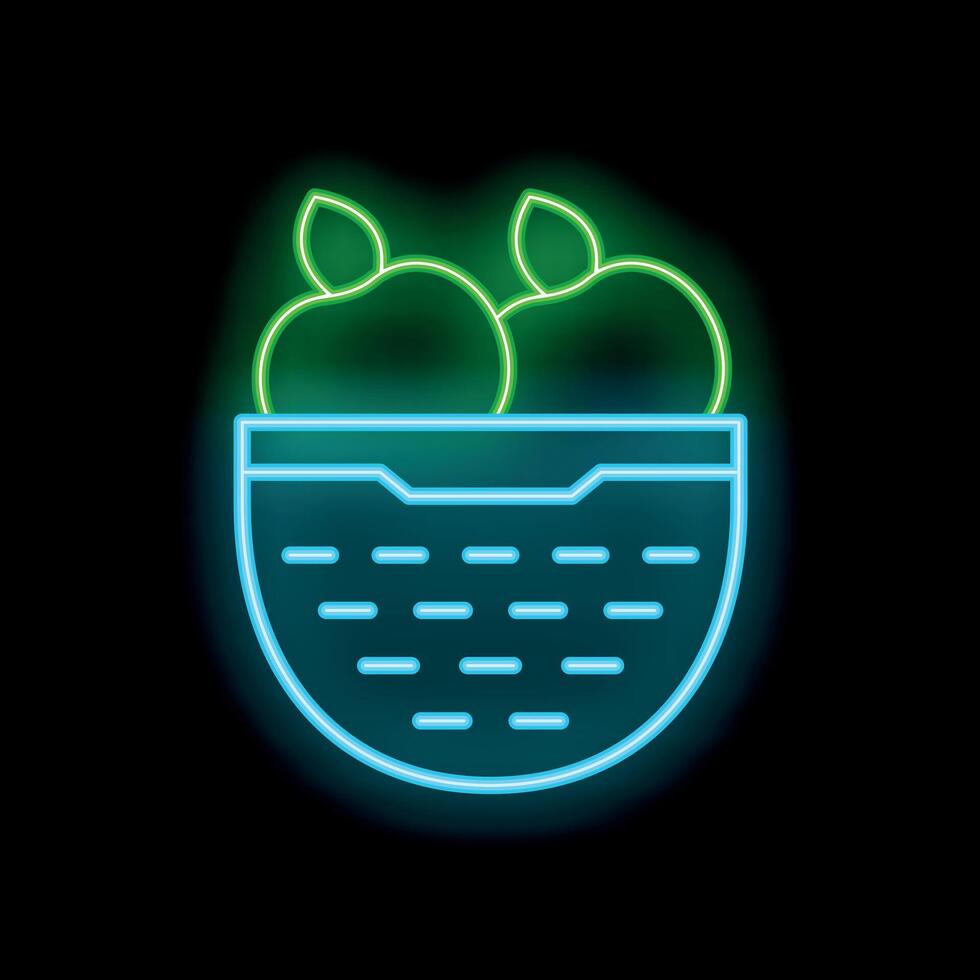 Neon icon of apples in a basket glowing on black background vector