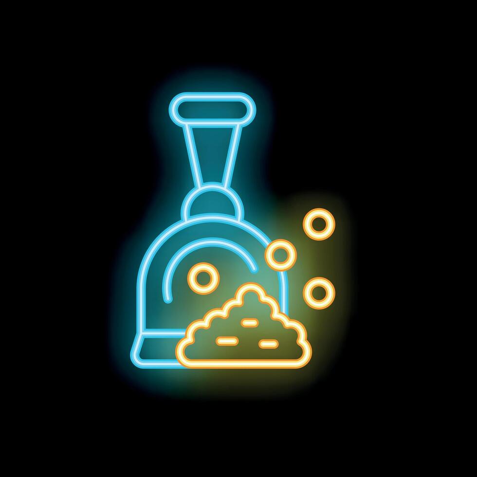 Neon dustpan scooping dirt with yellow and blue neon light vector