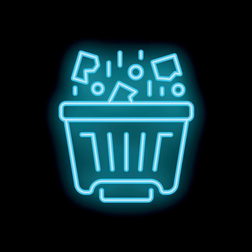 Neon trashcan throwing away garbage icon on black background vector