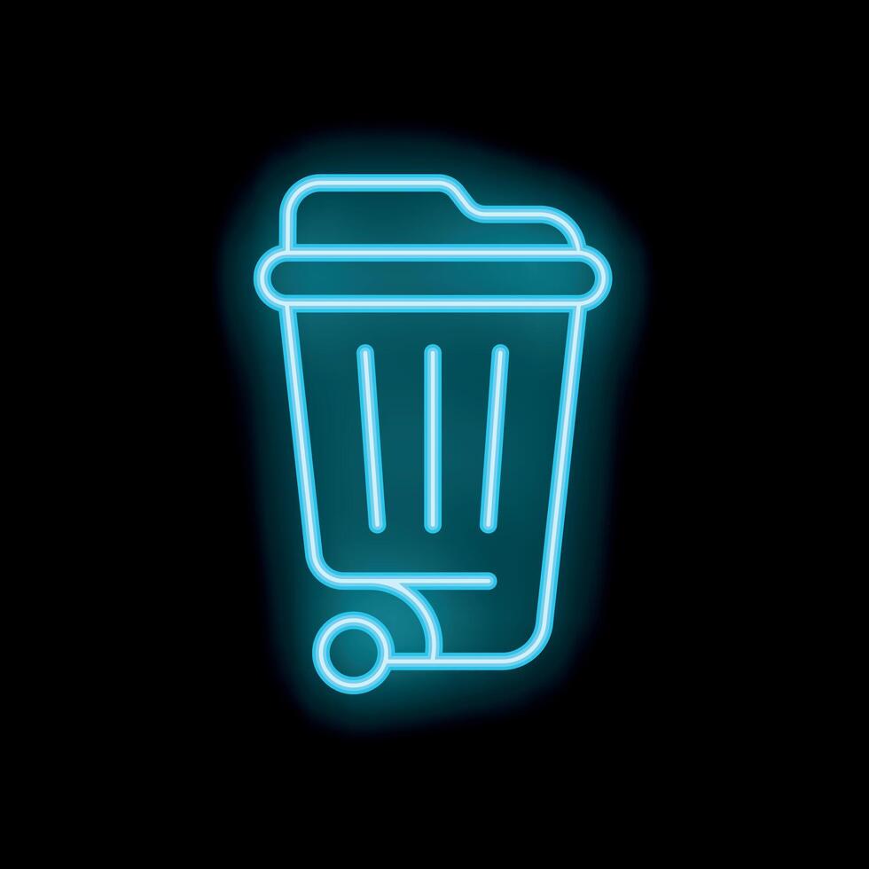 Blue neon wheeled trash bin glowing on black background vector