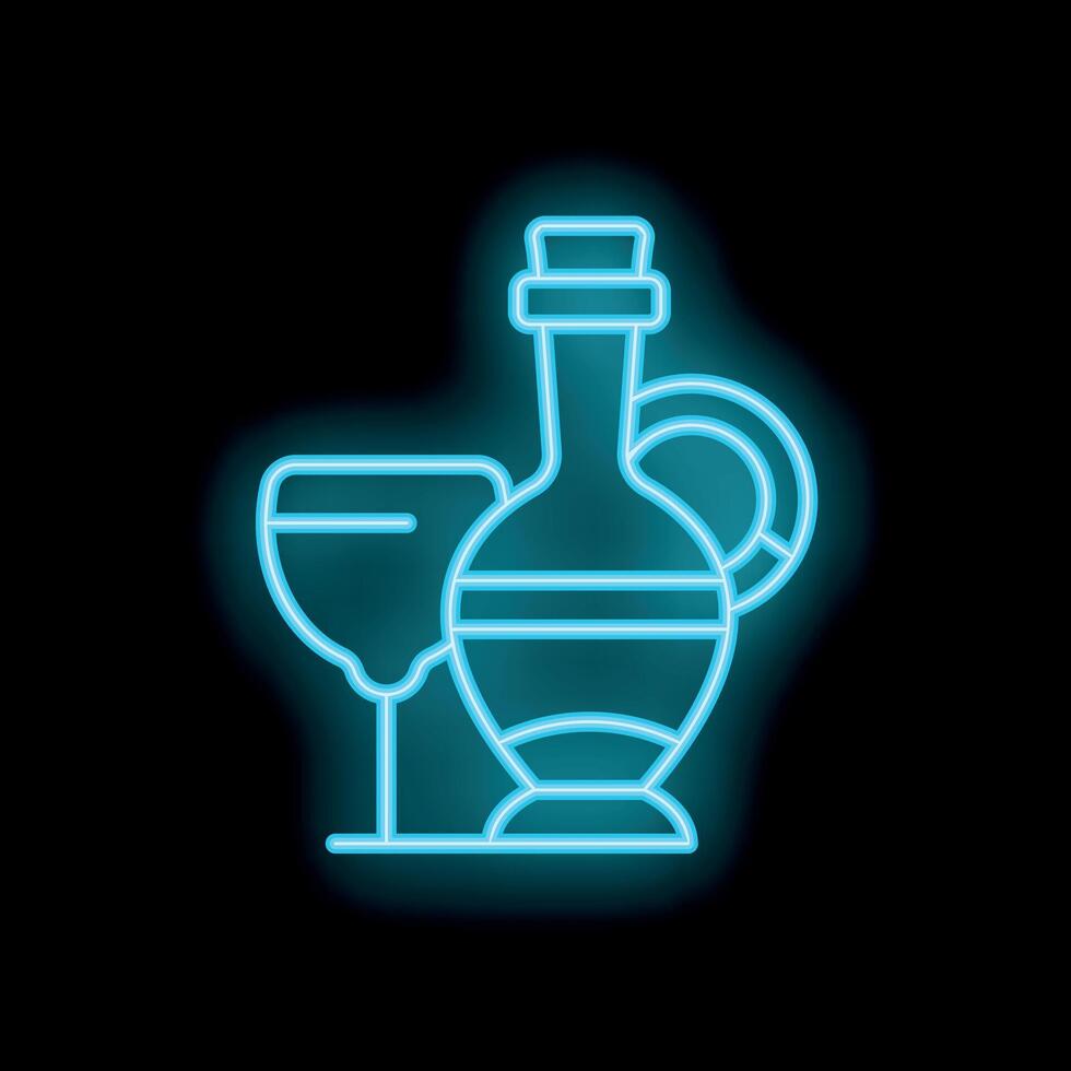 Neon sign featuring wine bottle and glass with glowing blue light vector