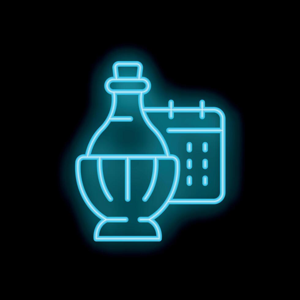 Neon bottle of wine with calendar icon glowing on dark background vector