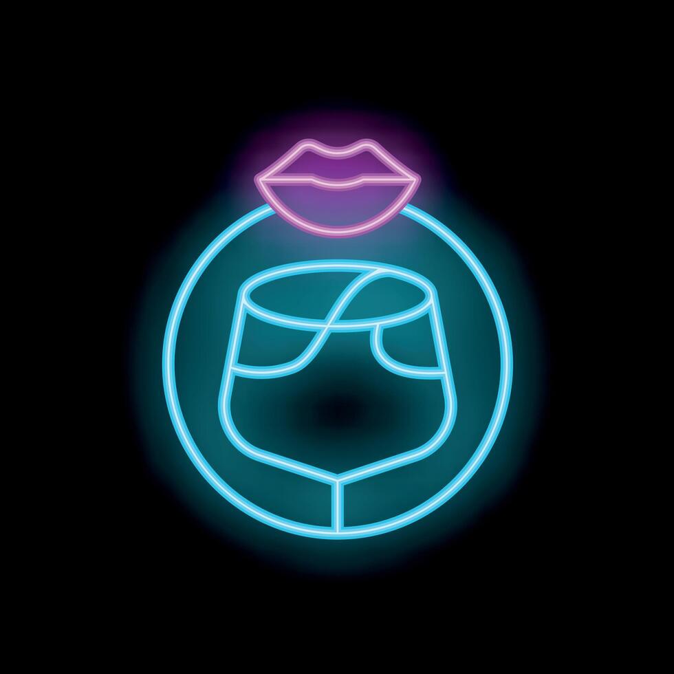 Neon sign showing wine glass with lips on black background vector