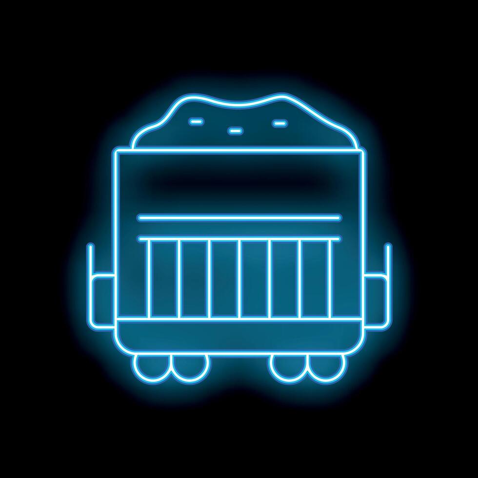 Neon blue train car carrying coal icon on black background vector