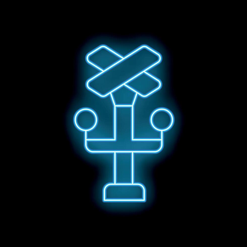 Blue neon railroad crossing signal glowing on black background vector