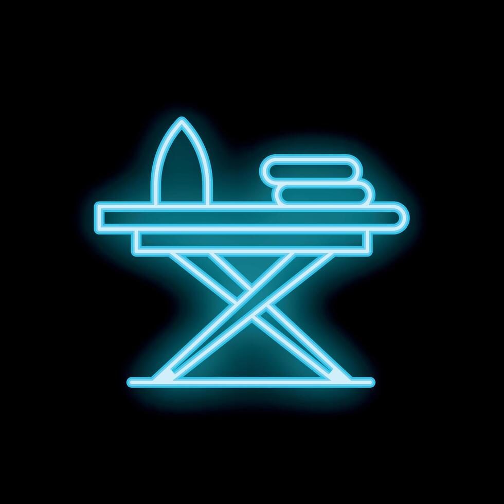 Neon ironing board with iron and folded clothes on black background vector