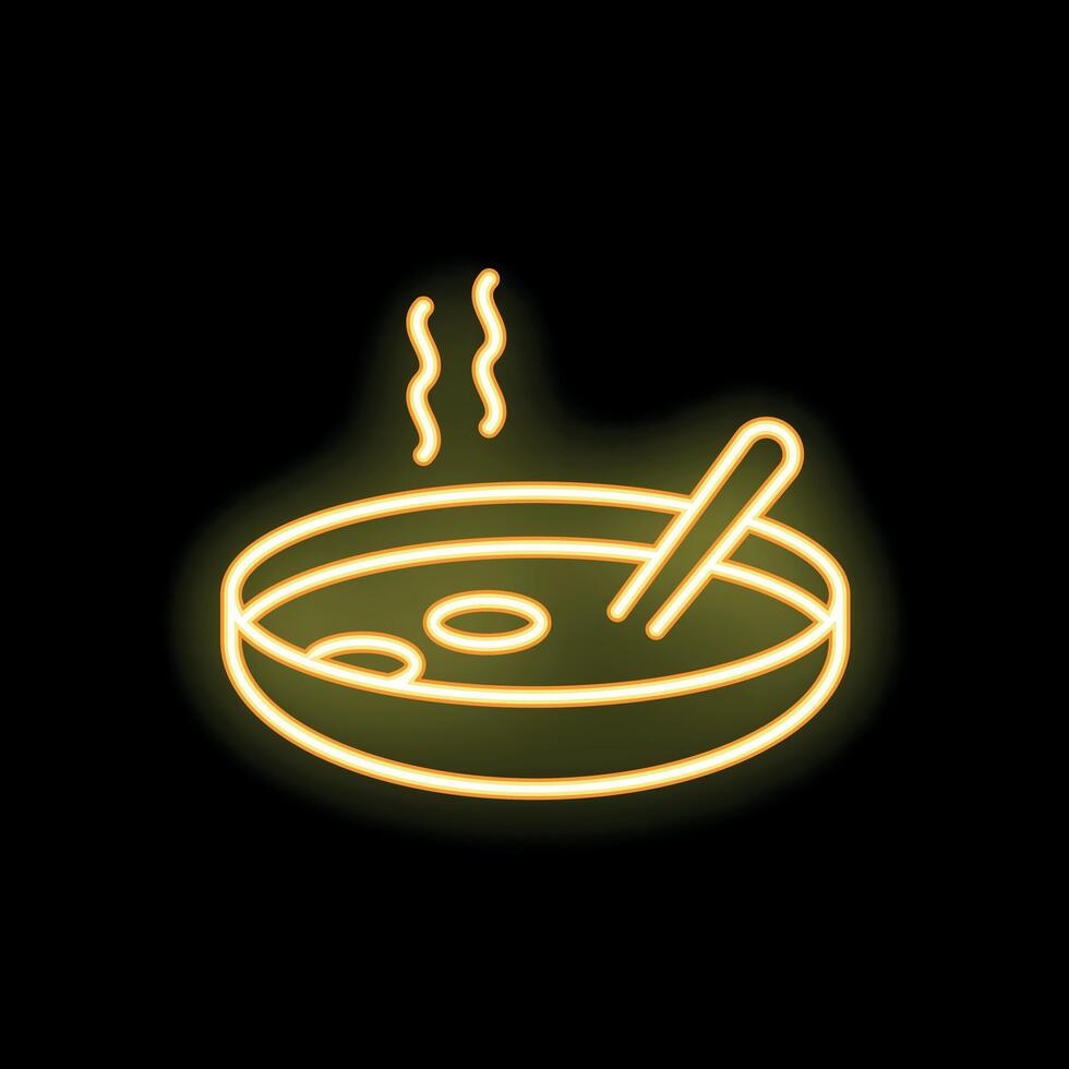 Neon sign of steaming soup bowl with spoon on black background vector