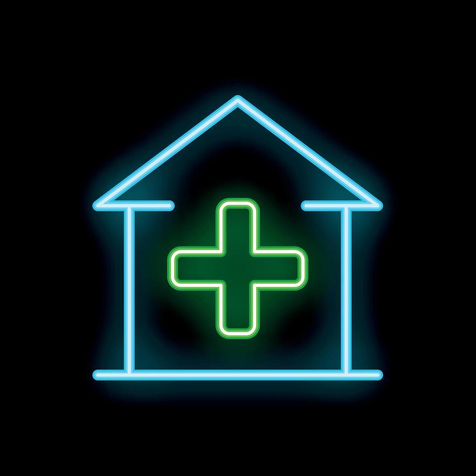 Glowing neon sign of a hospital building with a cross on black background vector