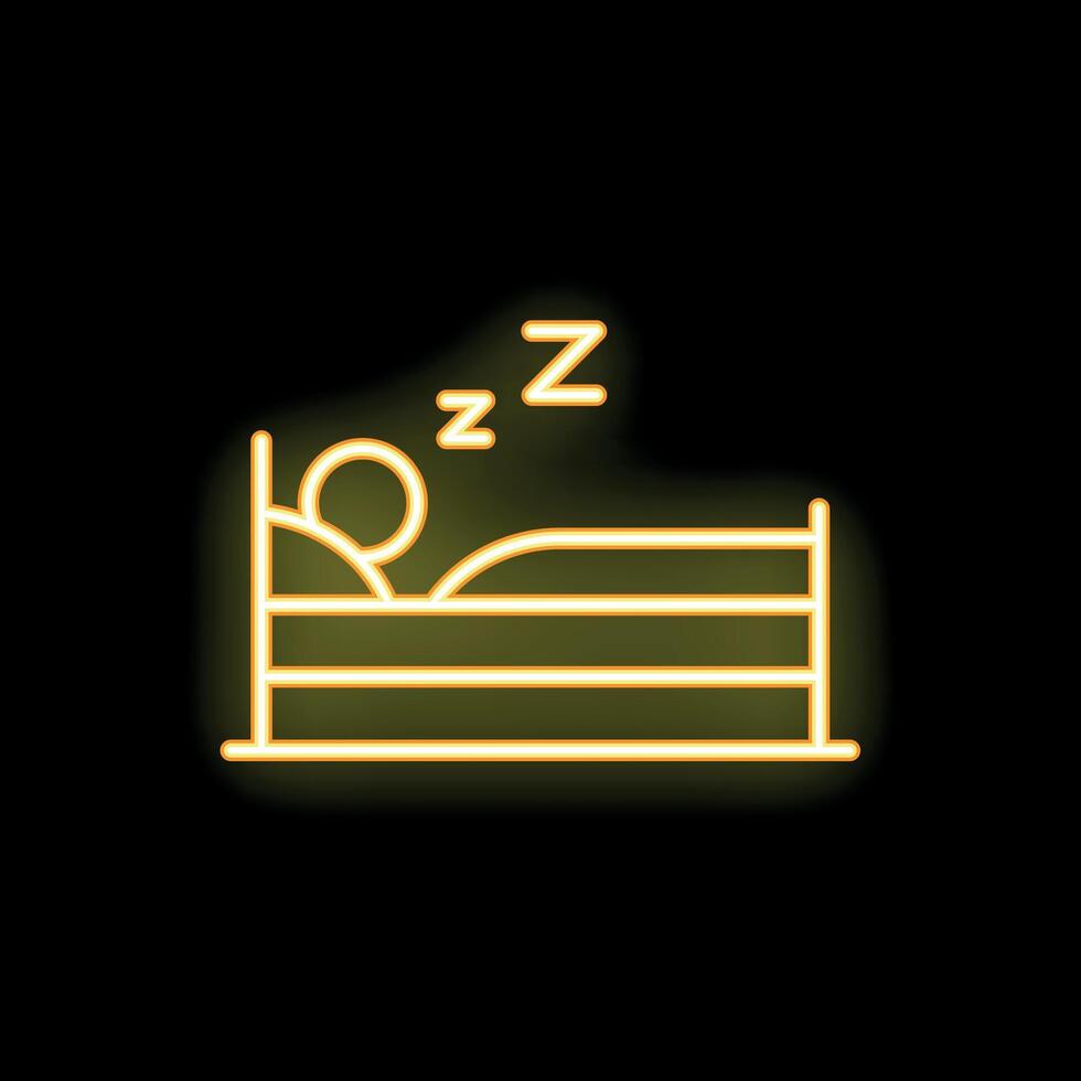 Yellow neon sign of person sleeping in bed on black background vector