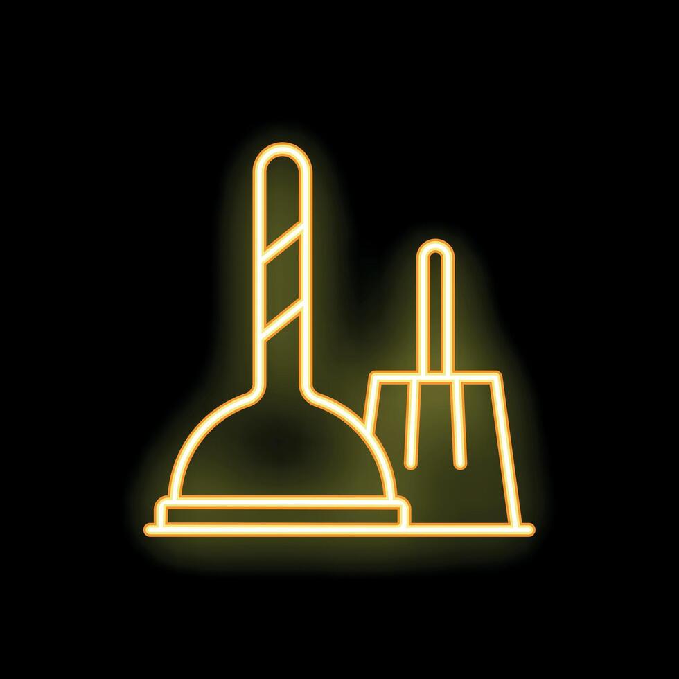 Neon toilet plunger and brush shining brightly on black background vector