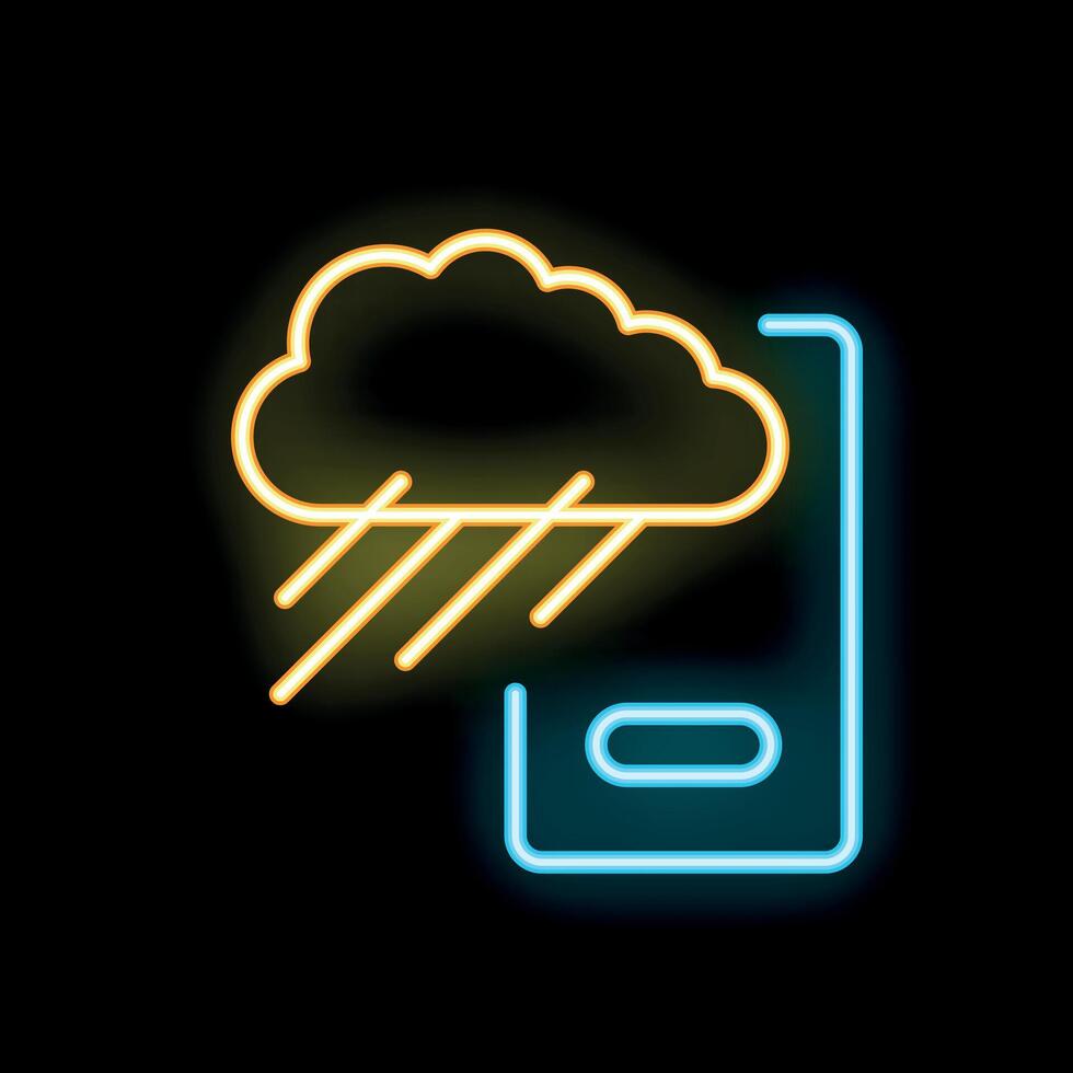 Neon weather app icon showing rain cloud over smartphone vector