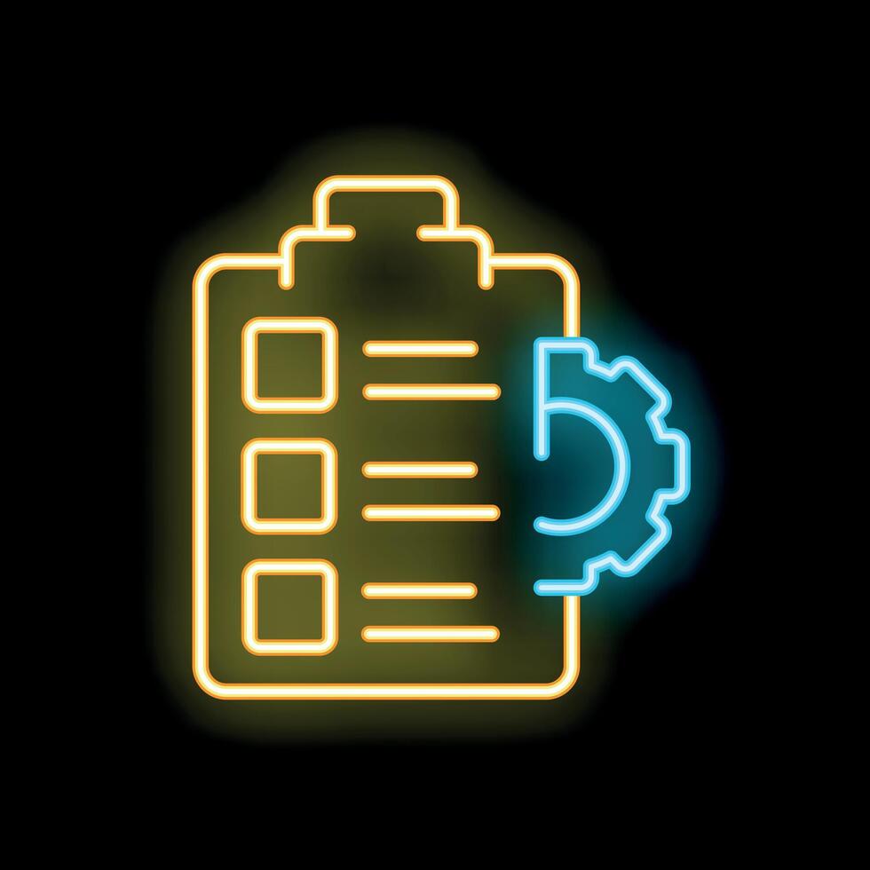 Neon icon of clipboard with gear representing project management vector