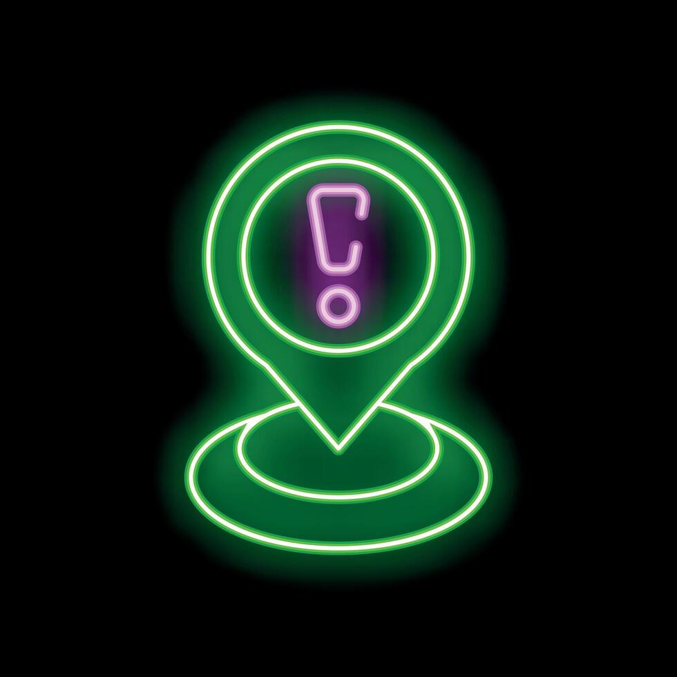 Neon green map pin glowing on a black background with a pink exclamation mark in the center vector