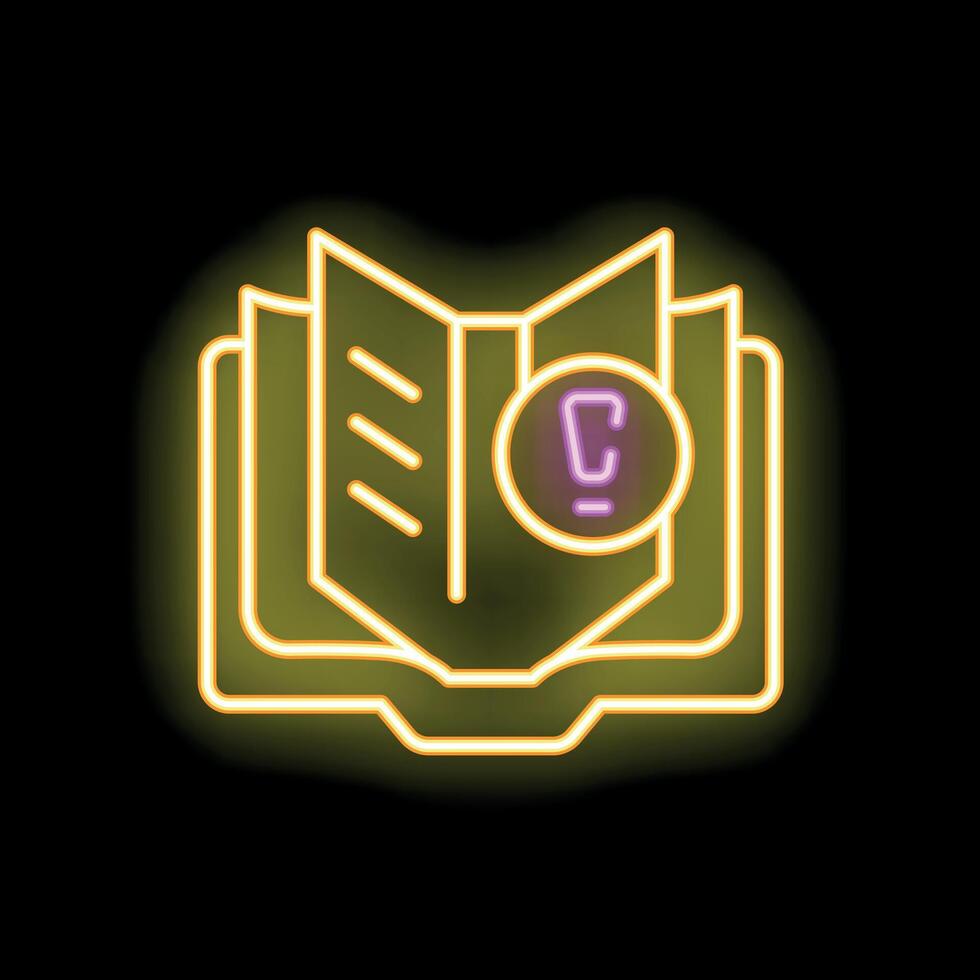 Neon yellow open book with copyright symbol glowing on black background vector