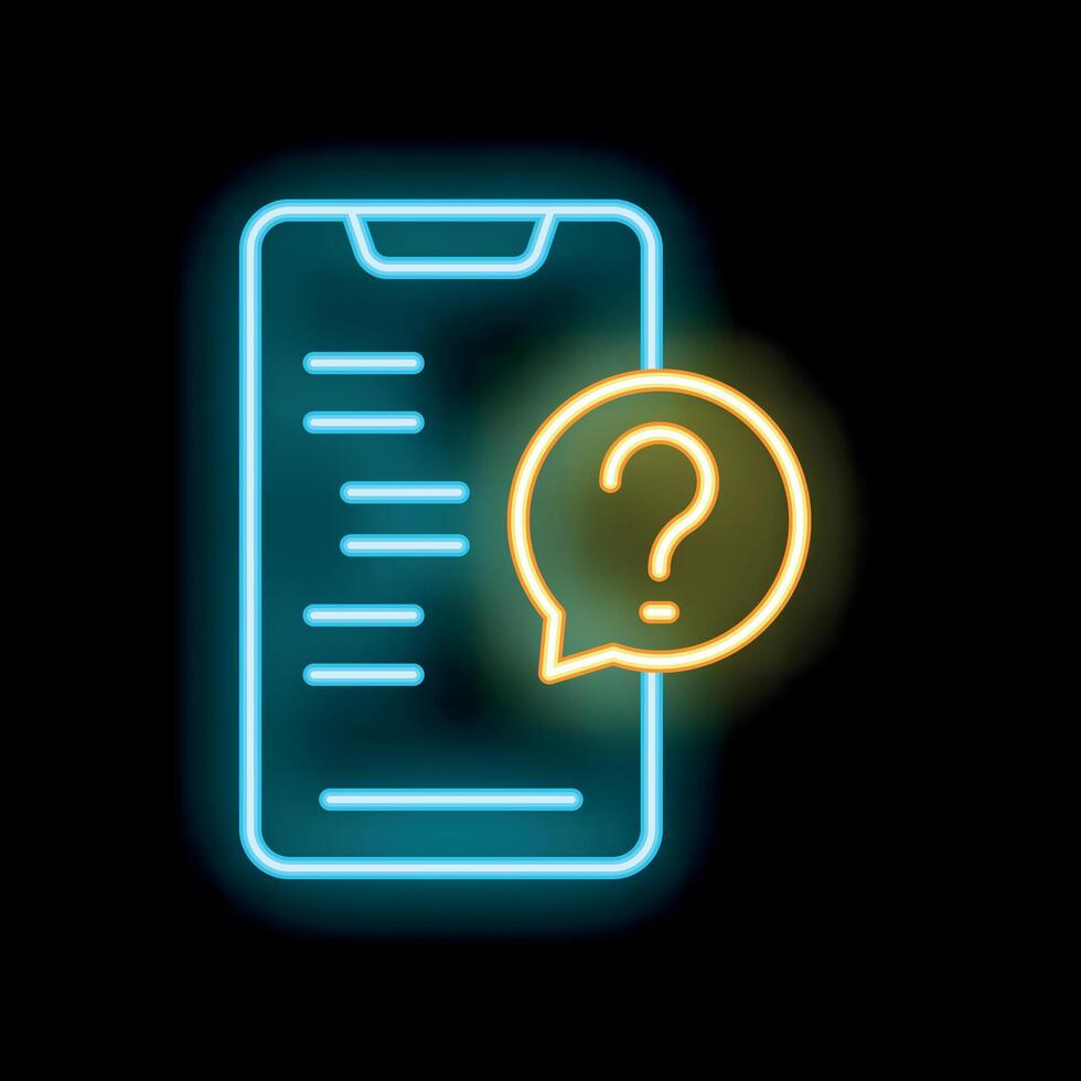 Neon smartphone displaying faq list with question mark symbol inside speech bubble vector
