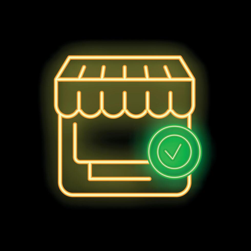 Neon green check mark over shop icon glowing on black background vector