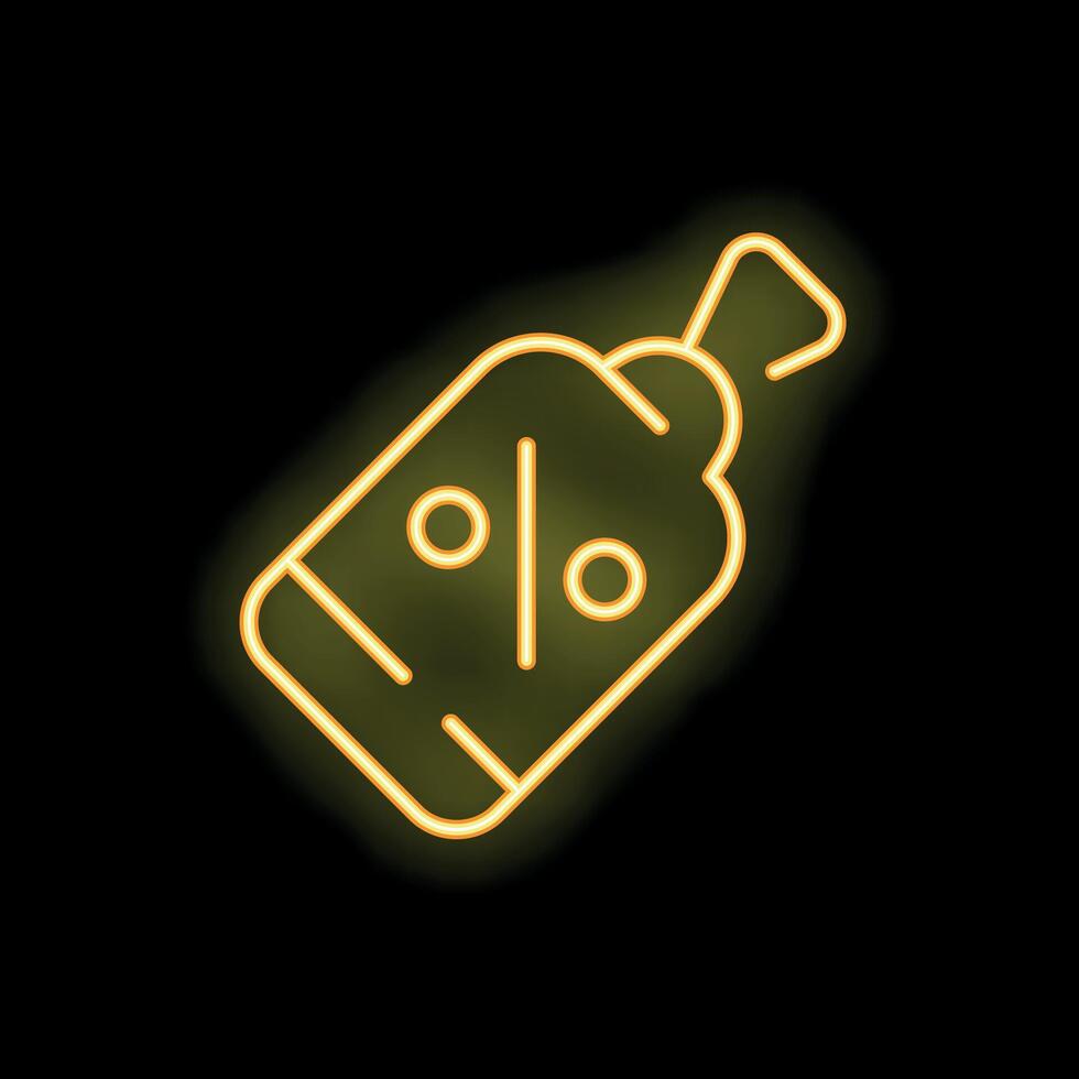 Neon yellow discount tag icon glowing on black background vector