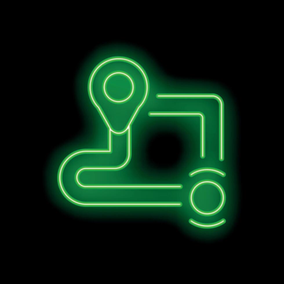 Green neon route with destination point icon showing arrival point vector
