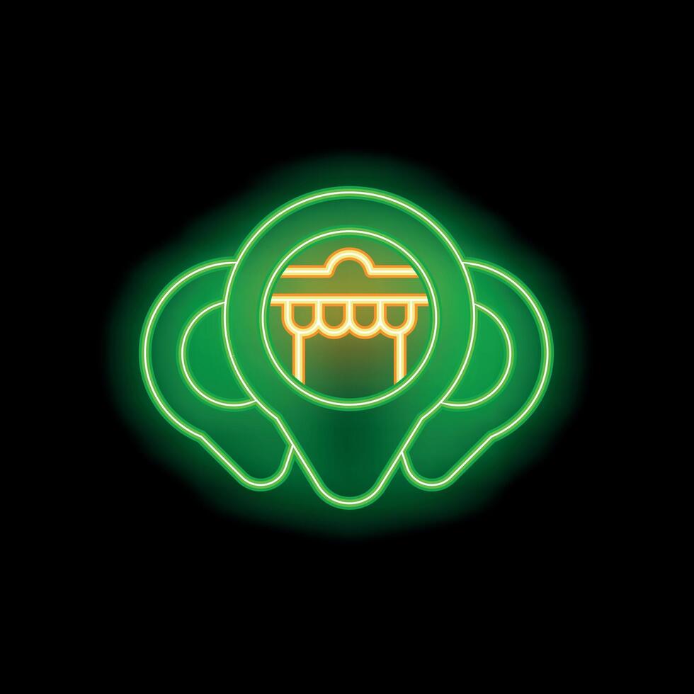 Glowing neon sign location pin pointing mexican food restaurant on black background vector