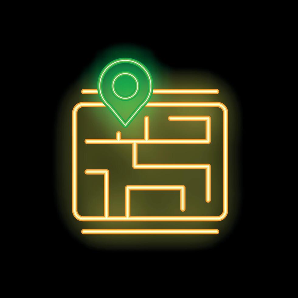Neon sign showing location pin over map on a black background vector