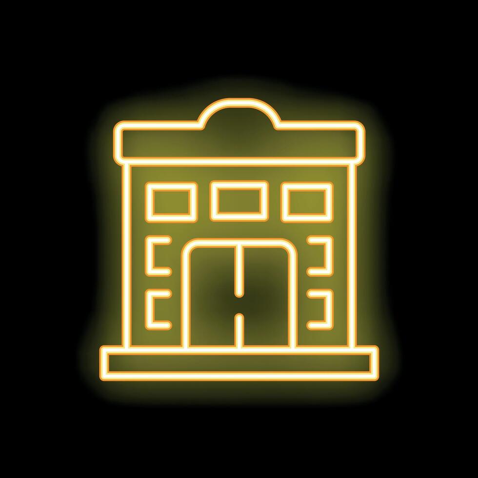 Neon glowing building with double doors on black background vector