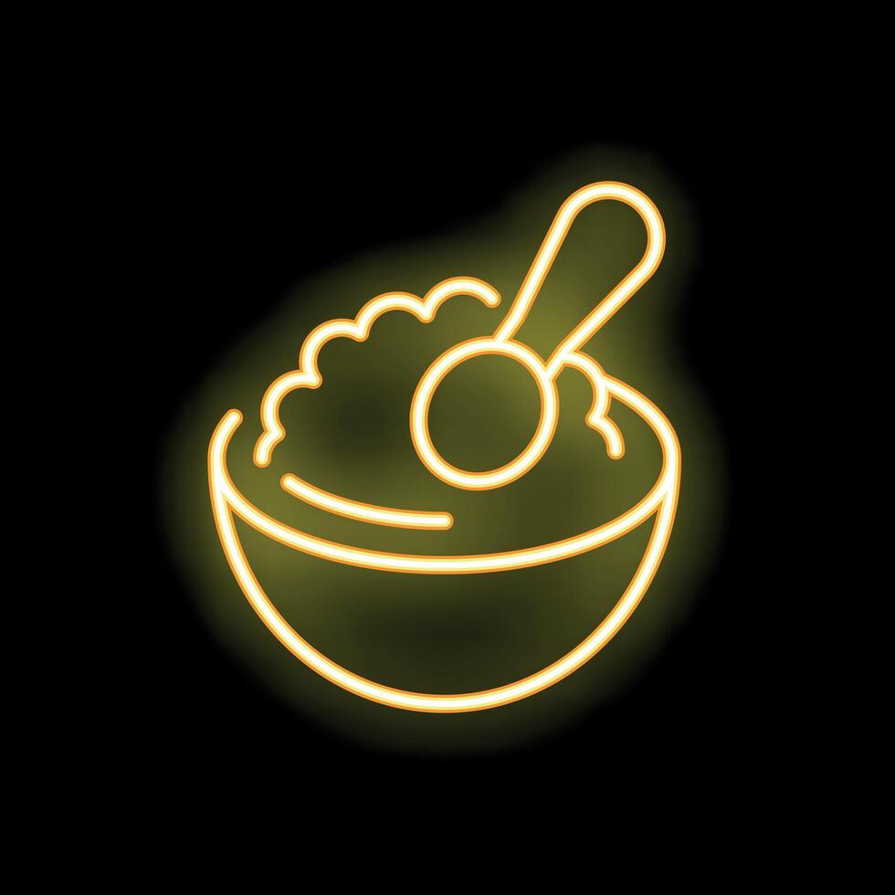 Neon sign of bowl filled with food and spoon digging in vector
