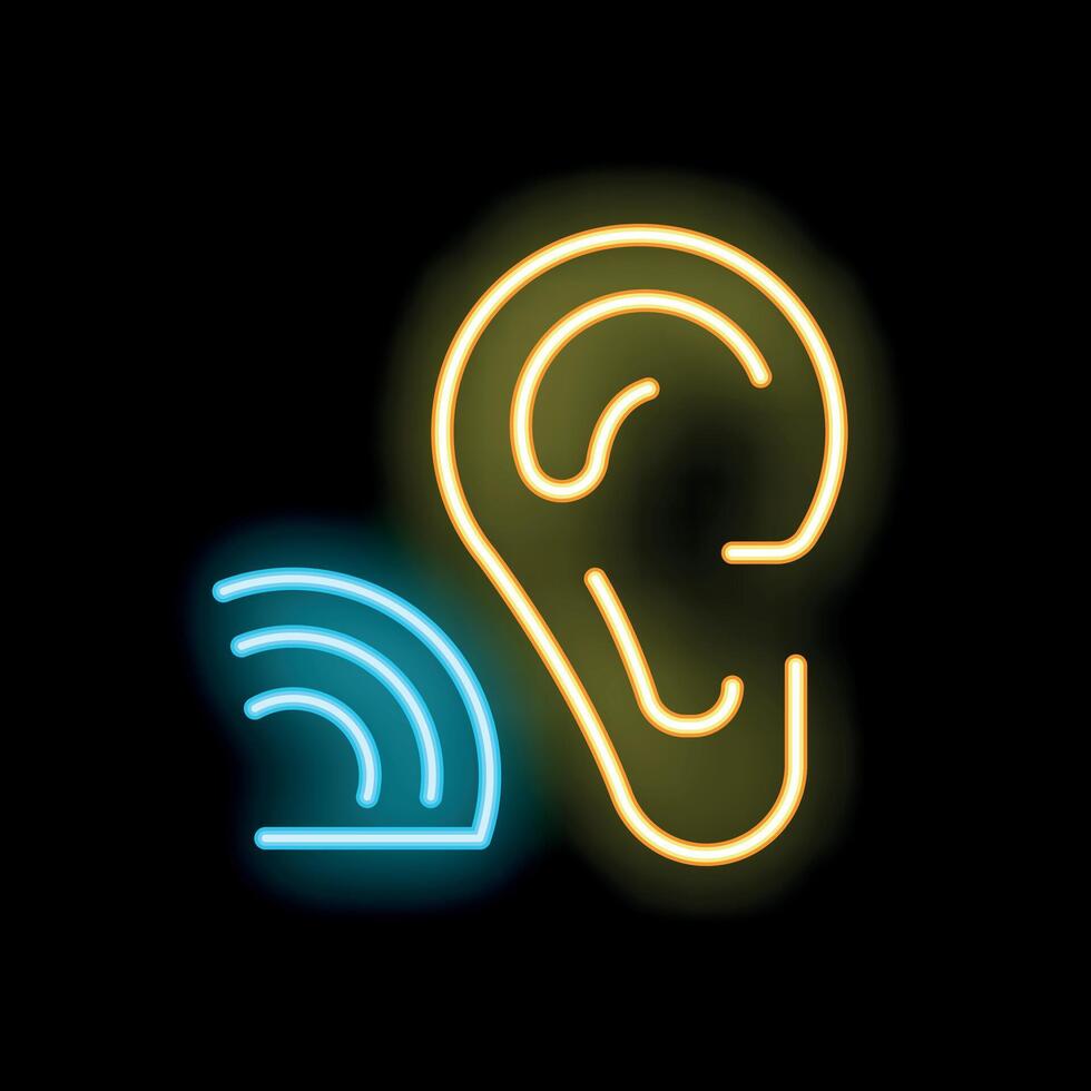 Neon icon of ear hearing soundwave frequency vector