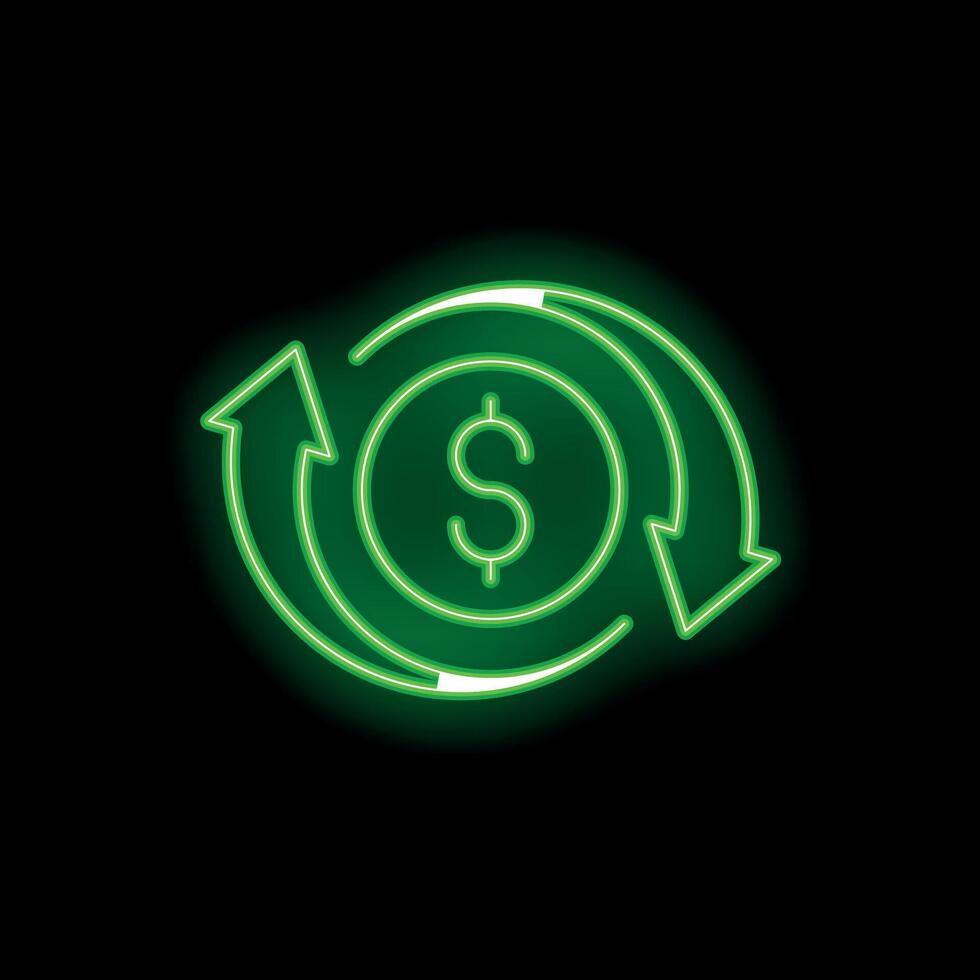 Green neon sign representing money circulation with rotating arrows on black background vector