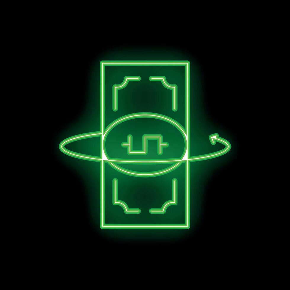 Neon green banknote rotating with currency exchange arrows sign on black background vector