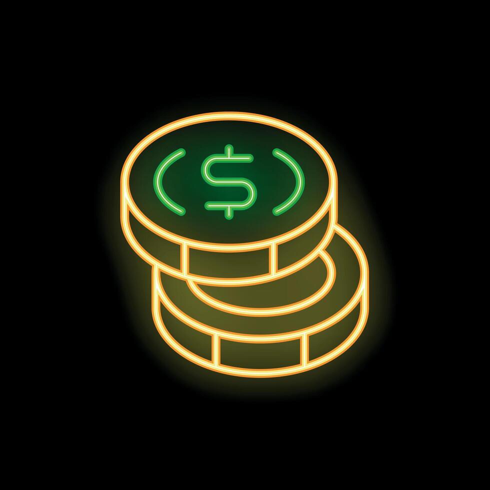 Neon style isometric stack of three dollar coins on black background vector