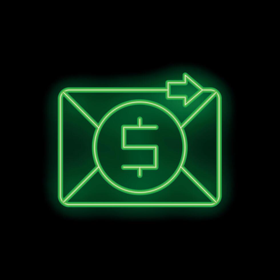 Neon green money envelope sending icon on black background vector