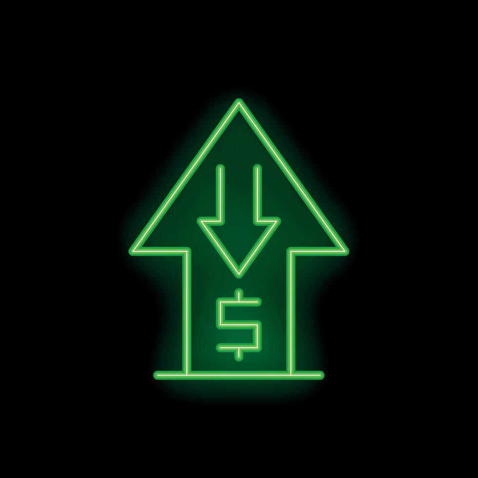 Neon green arrow pointing down with dollar sign inside on black background vector