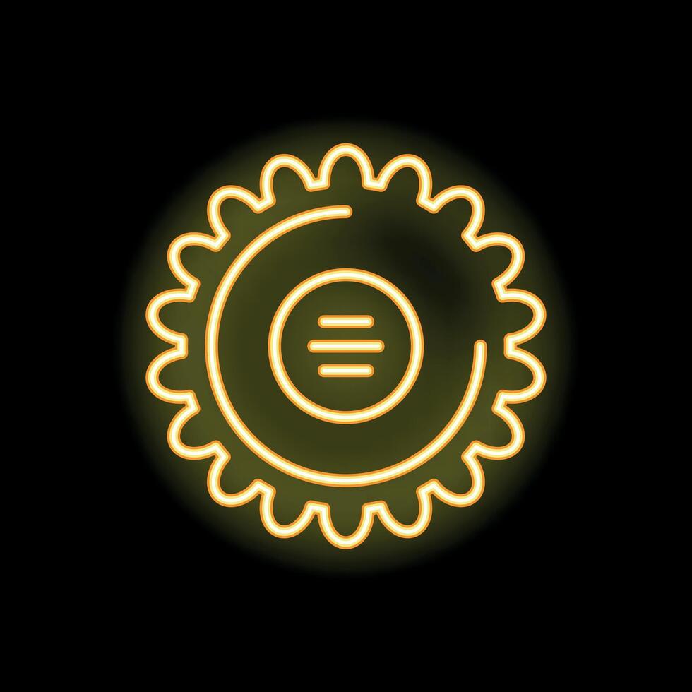 Neon icon of circular saw blade glowing yellow on black background vector