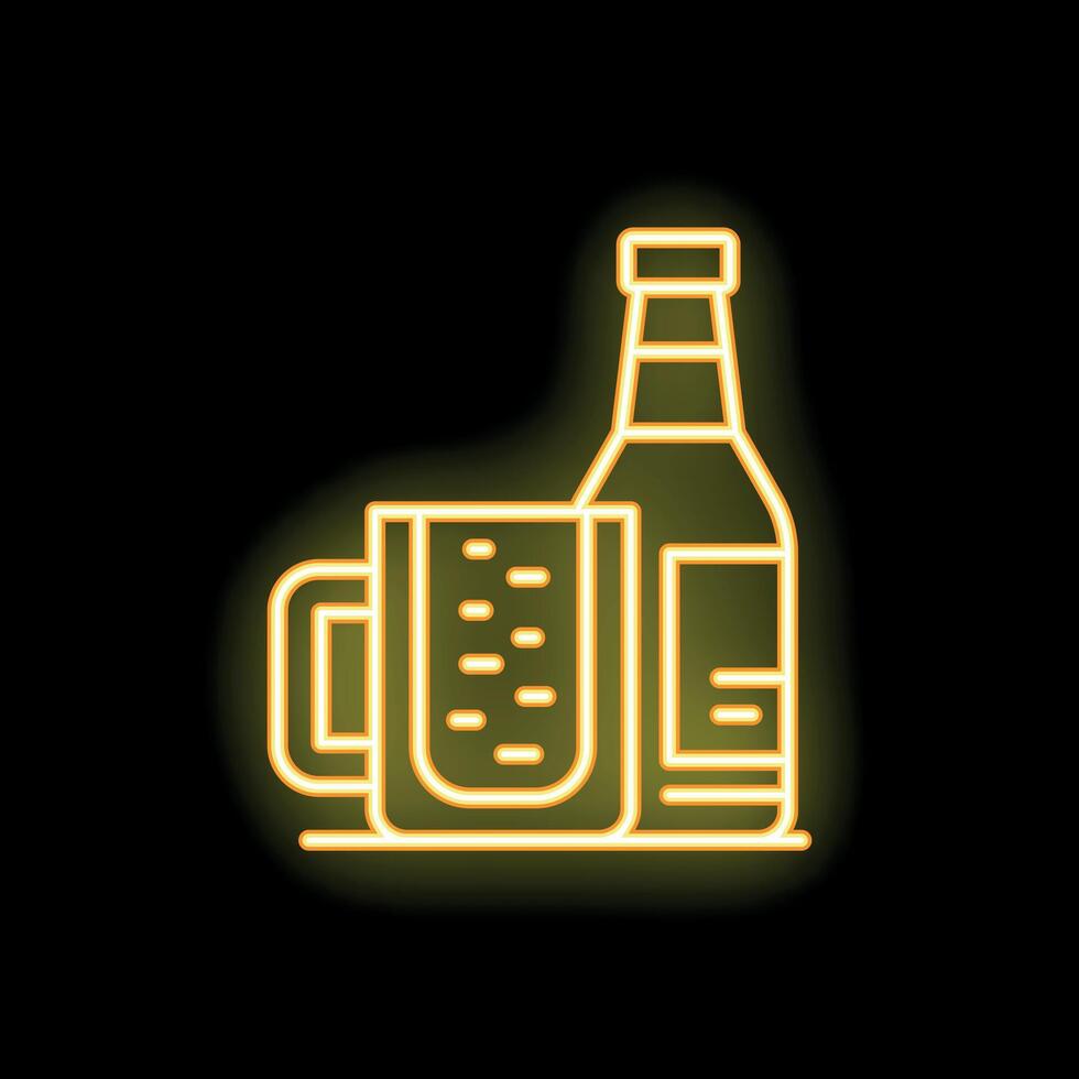 Yellow neon sign showing beer bottle and beer glass on black background vector