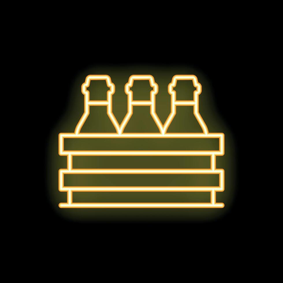 Glowing yellow neon sign of beer bottles in a wooden crate vector