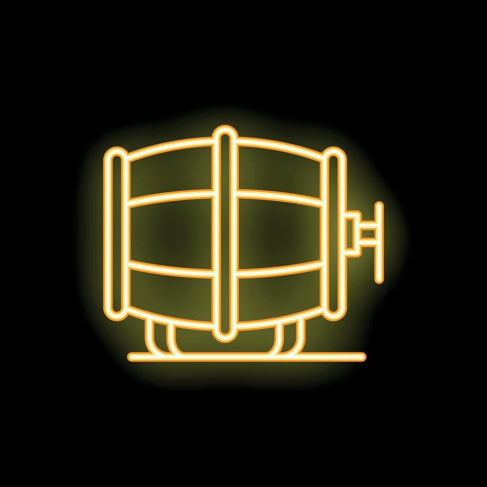 Neon yellow wooden barrel with tap glowing on black background vector