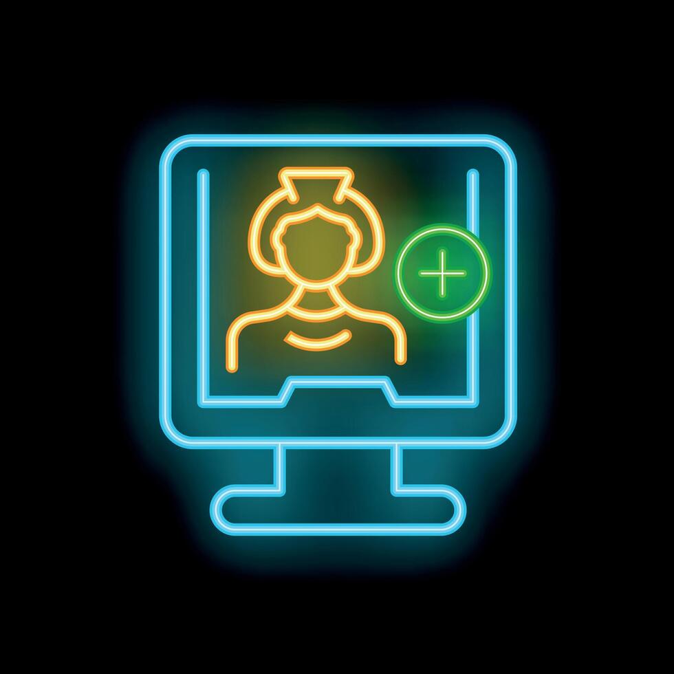 Glowing neon line medical icon of a nurse on a computer screen for online healthcare consultation vector