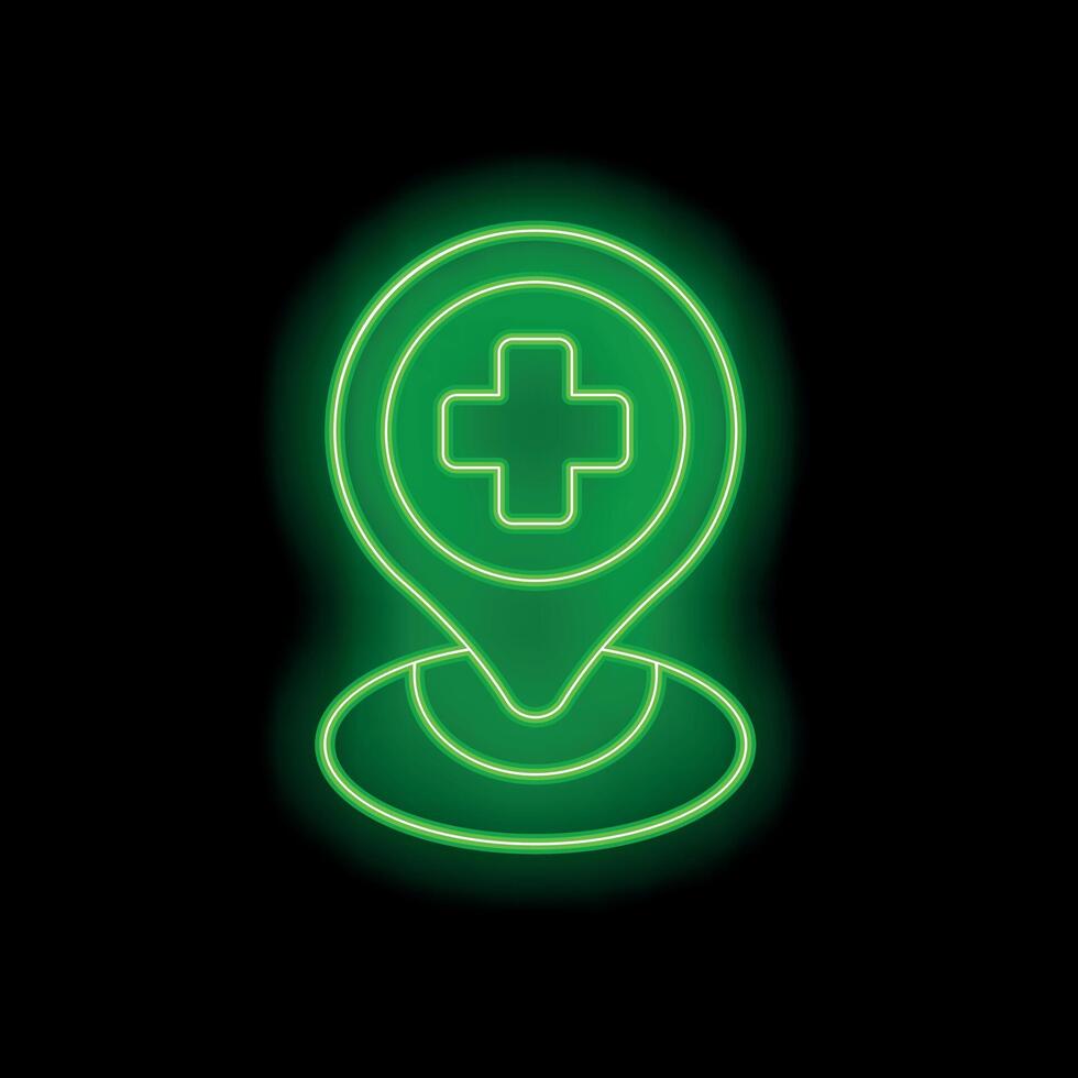 Green neon medical location pin icon glowing in the dark vector