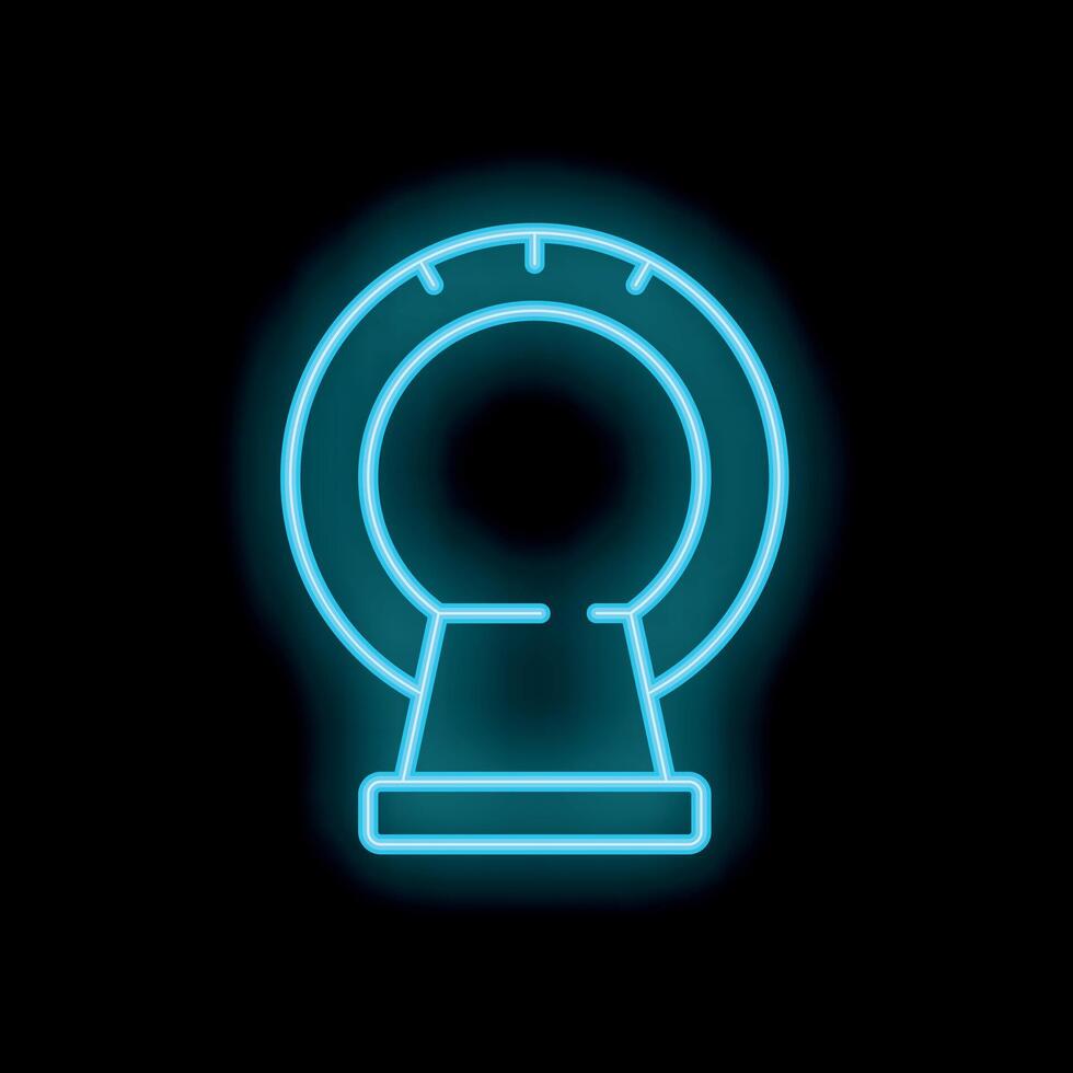 Neon icon of a ct scan machine glowing blue on black background vector
