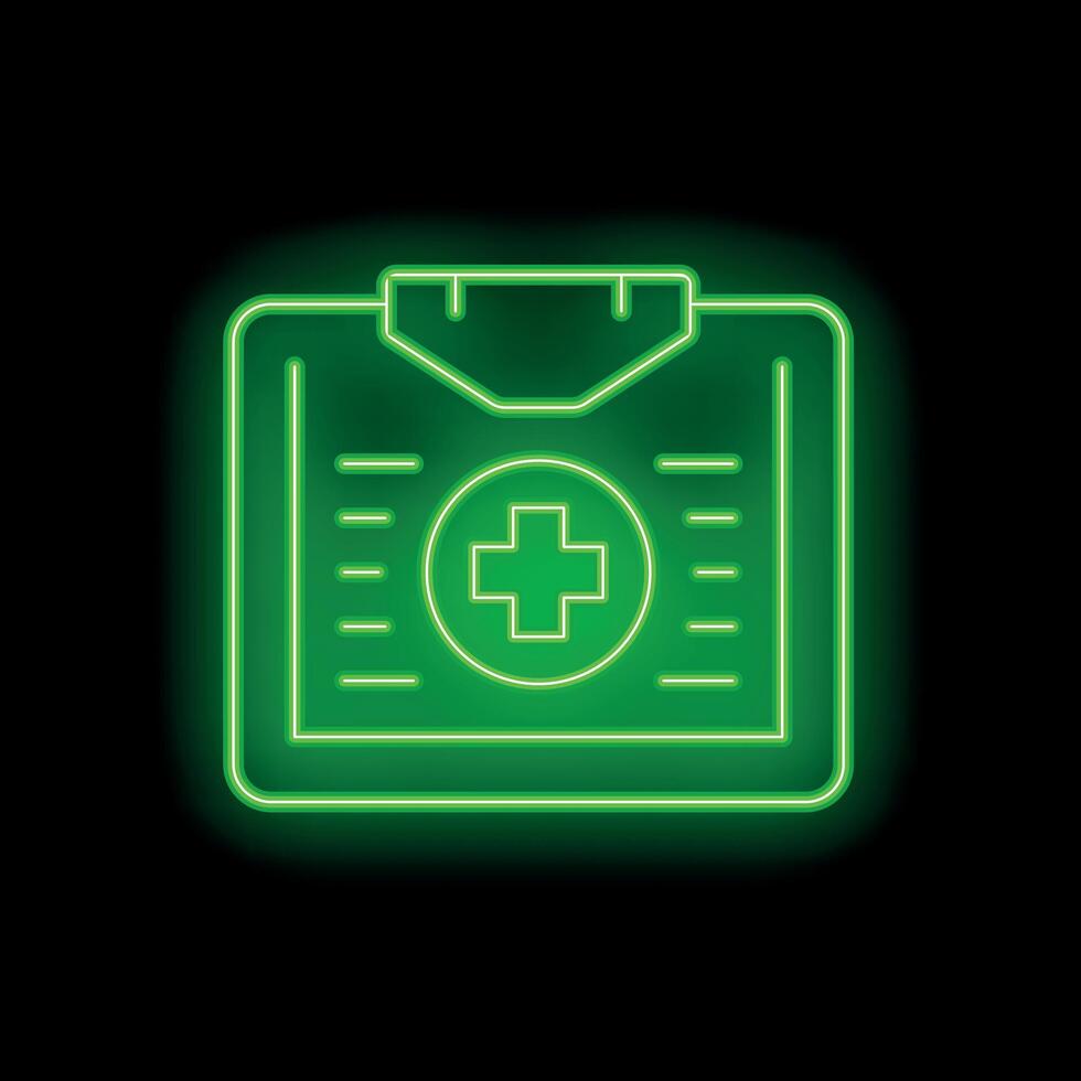 Green neon sign depicting medical report on clipboard on black background vector