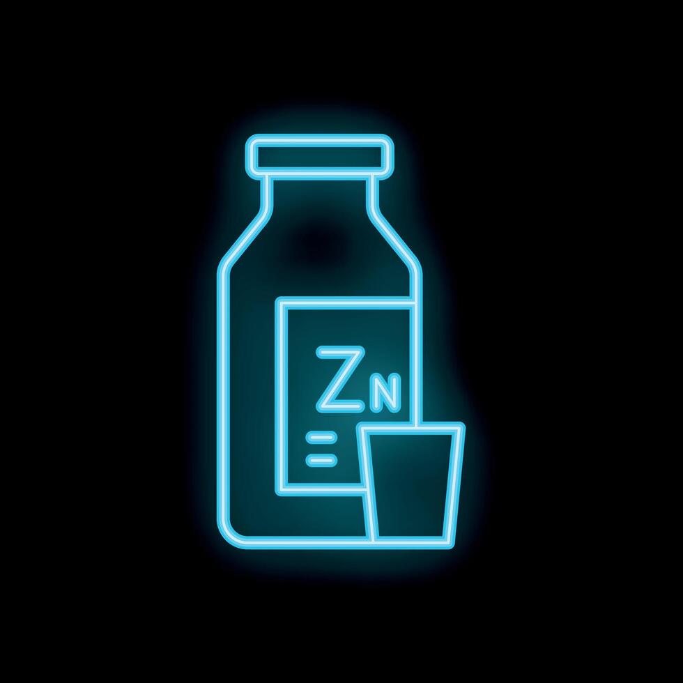 Neon icon of zinc supplement bottle and measuring cup glowing on black background vector