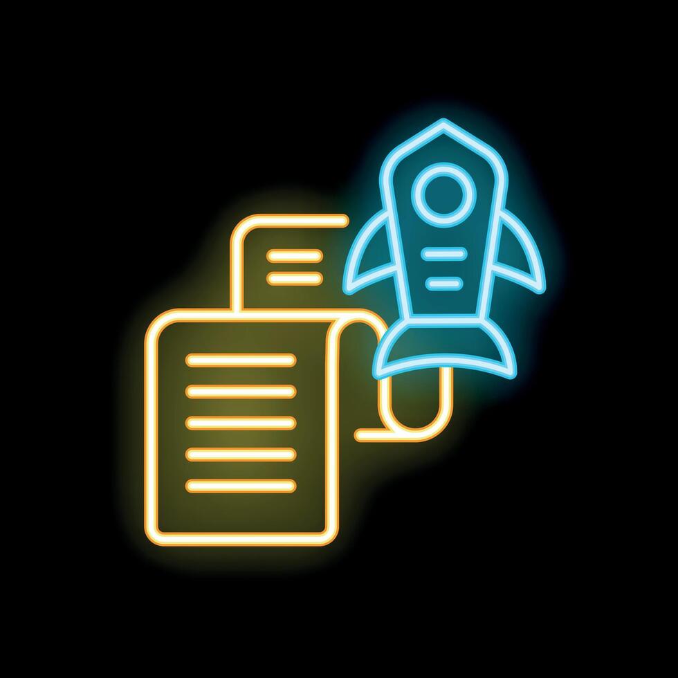 Neon rocket launching from contract document symbolizing business start up vector