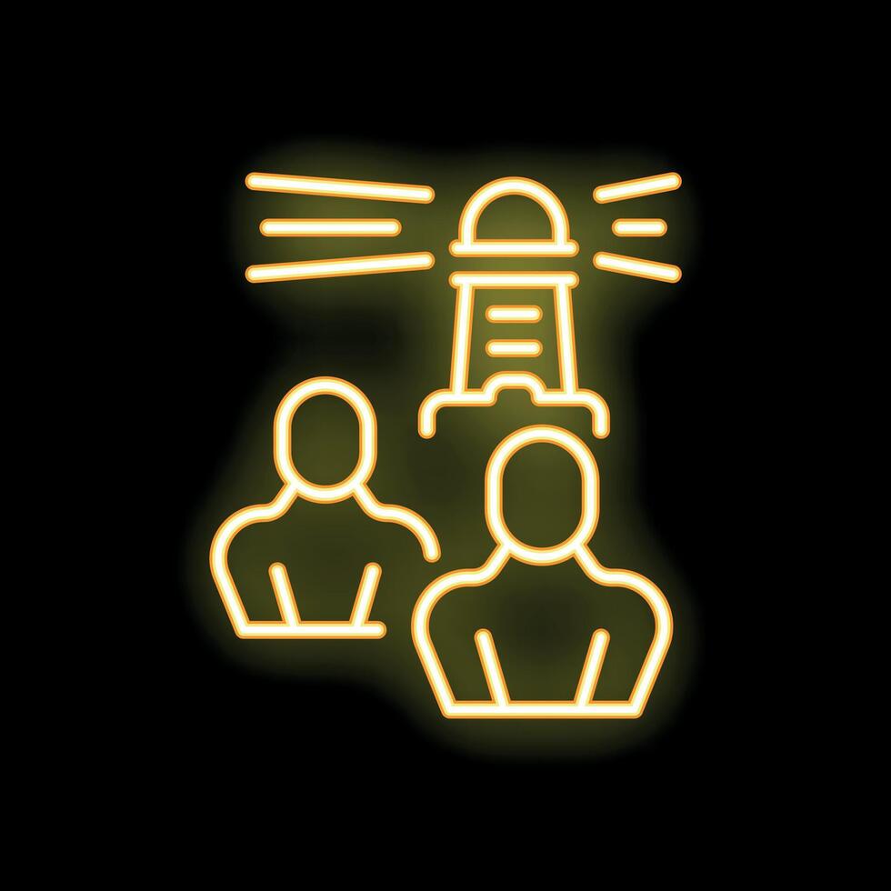 Lighthouse guiding business people with vision and strategy neon icon vector