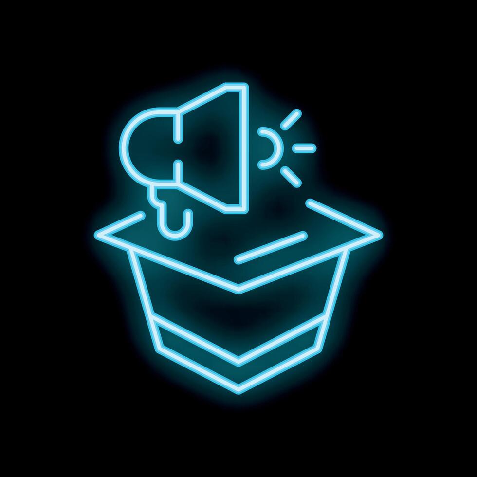 Neon icon of megaphone announcing over graduation cap symbolizing educational announcement vector