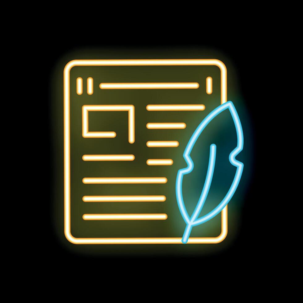 Glowing neon line icon for document with feather representing copywriting vector