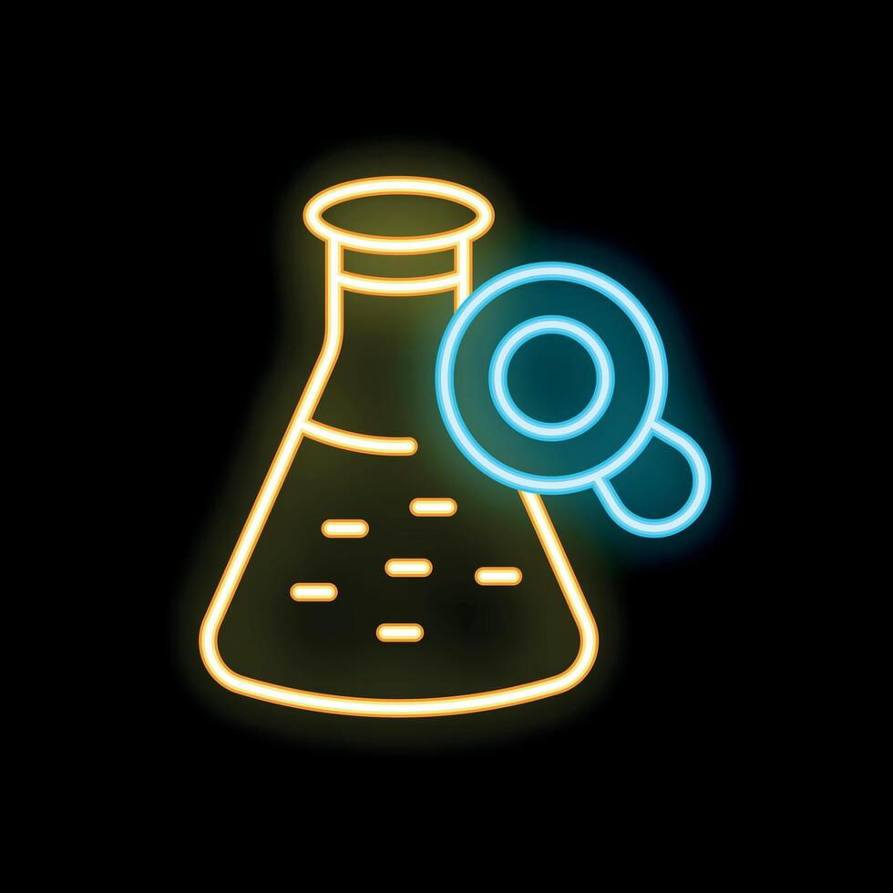 Neon icon of magnifying glass examining erlenmeyer flask vector