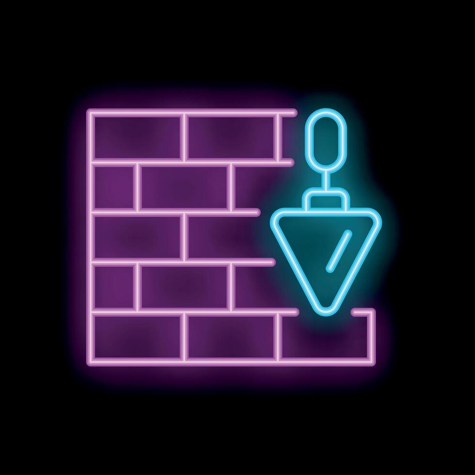 Neon icon of a plumb bob hanging next to a brick wall representing construction vector